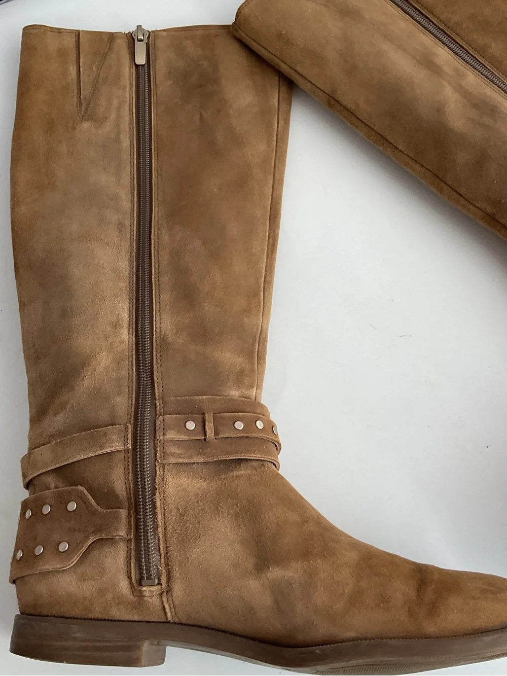 Nine West Luciana Tan Suede Studded Ankle Straps Riding Boots Women’s Size 6.5M